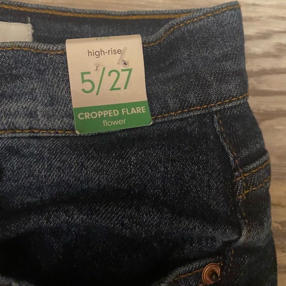 RE Generation High Rise Cropped Flare “Flower” Distressed Jeans, Dark Denim, - Picture 10 of 16